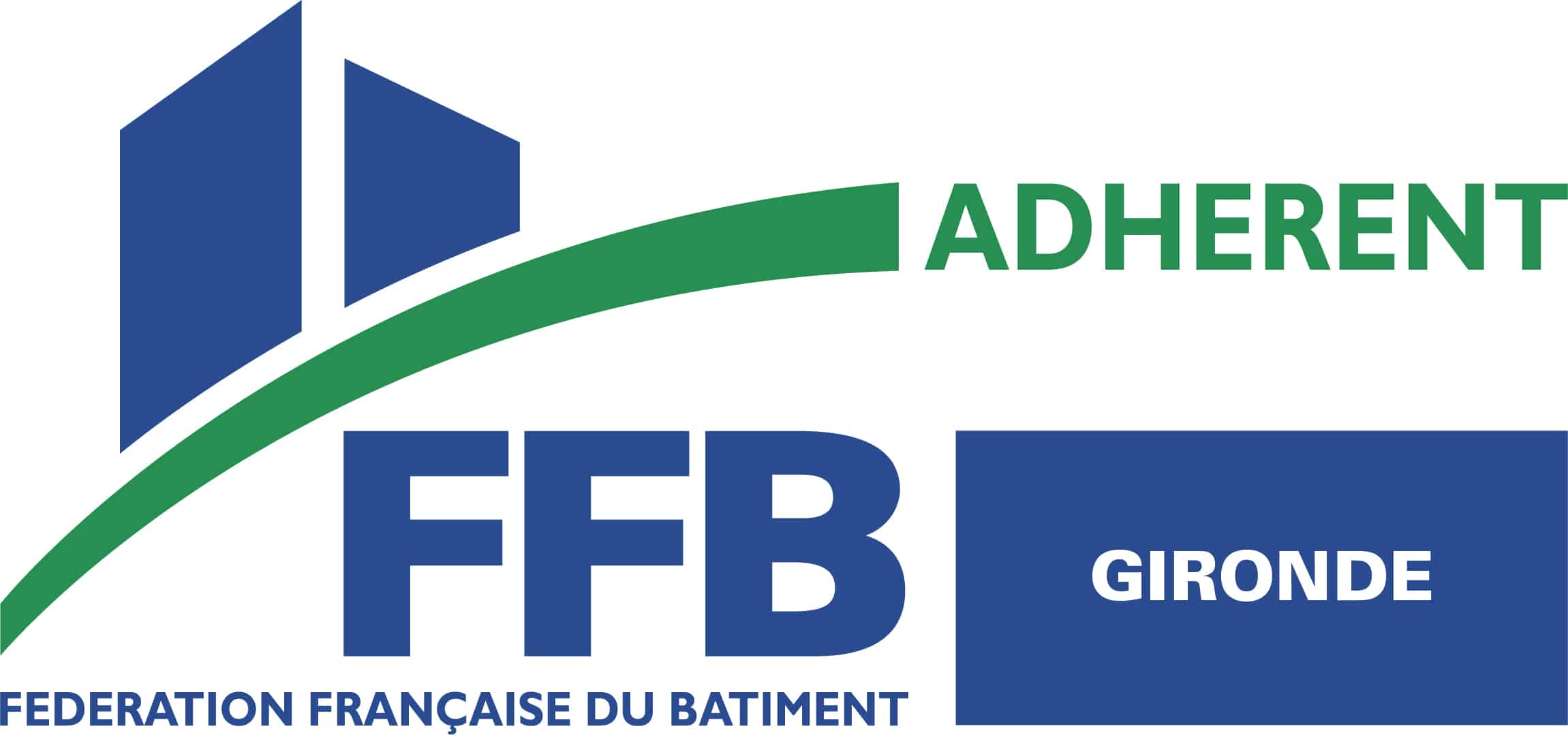 Logo FFB Gironde Adhérent, Fédération Française du Bâtiment, design graphique bleu et vert sur fond blanc.
