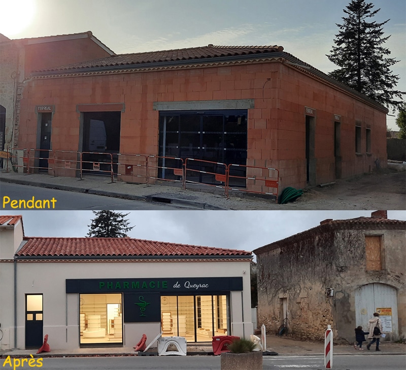 Avant et après la construction de la Pharmacie de Queyrac montrant les briques rouges puis la façade blanche moderne.