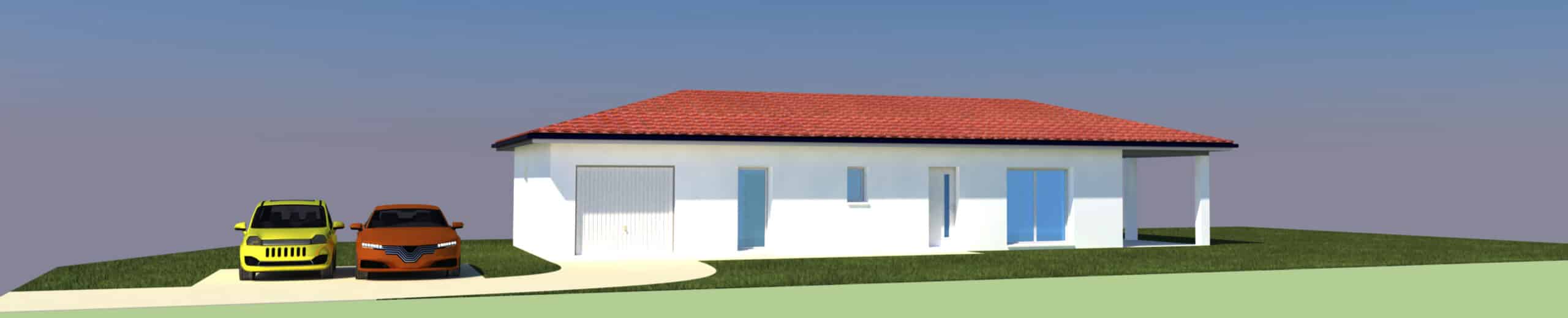 Maison moderne de plain-pied avec toit en tuiles rouges, garage blanc et voitures garées devant sur gazon.