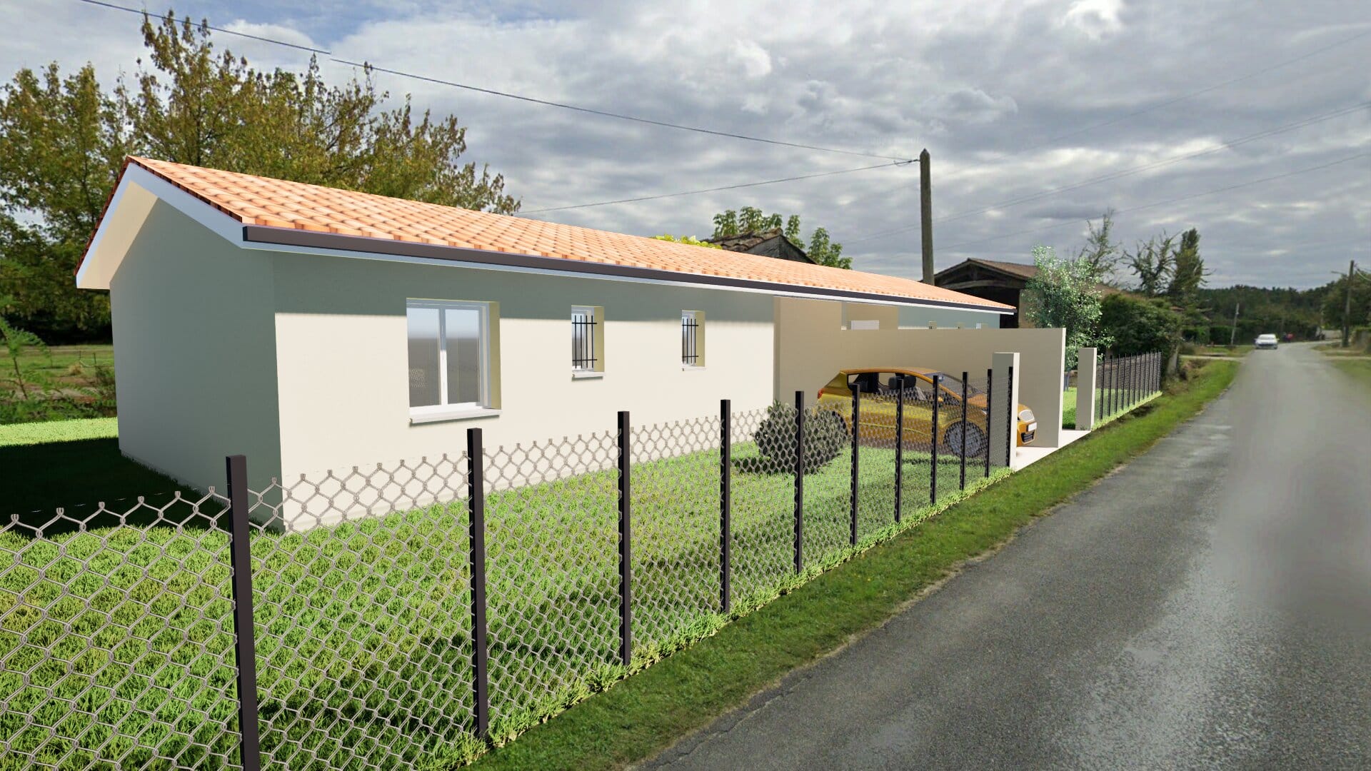 Maison moderne de plain-pied avec toit en tuiles, clôture grillagée et voiture jaune sous abri, bordée par une route.