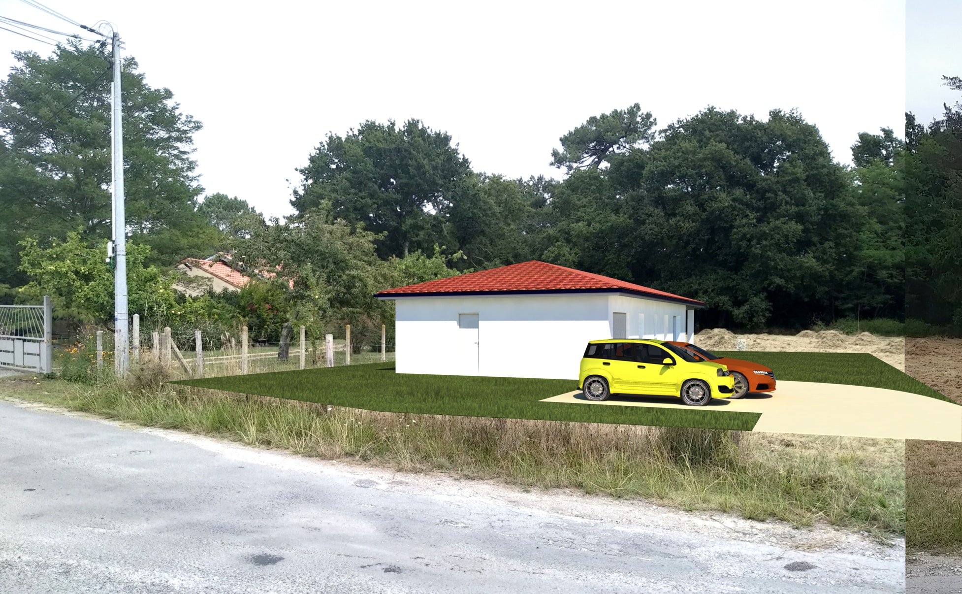 Modélisation 3D d'une petite maison blanche au toit rouge avec voitures garées dans un cadre rural arboré.